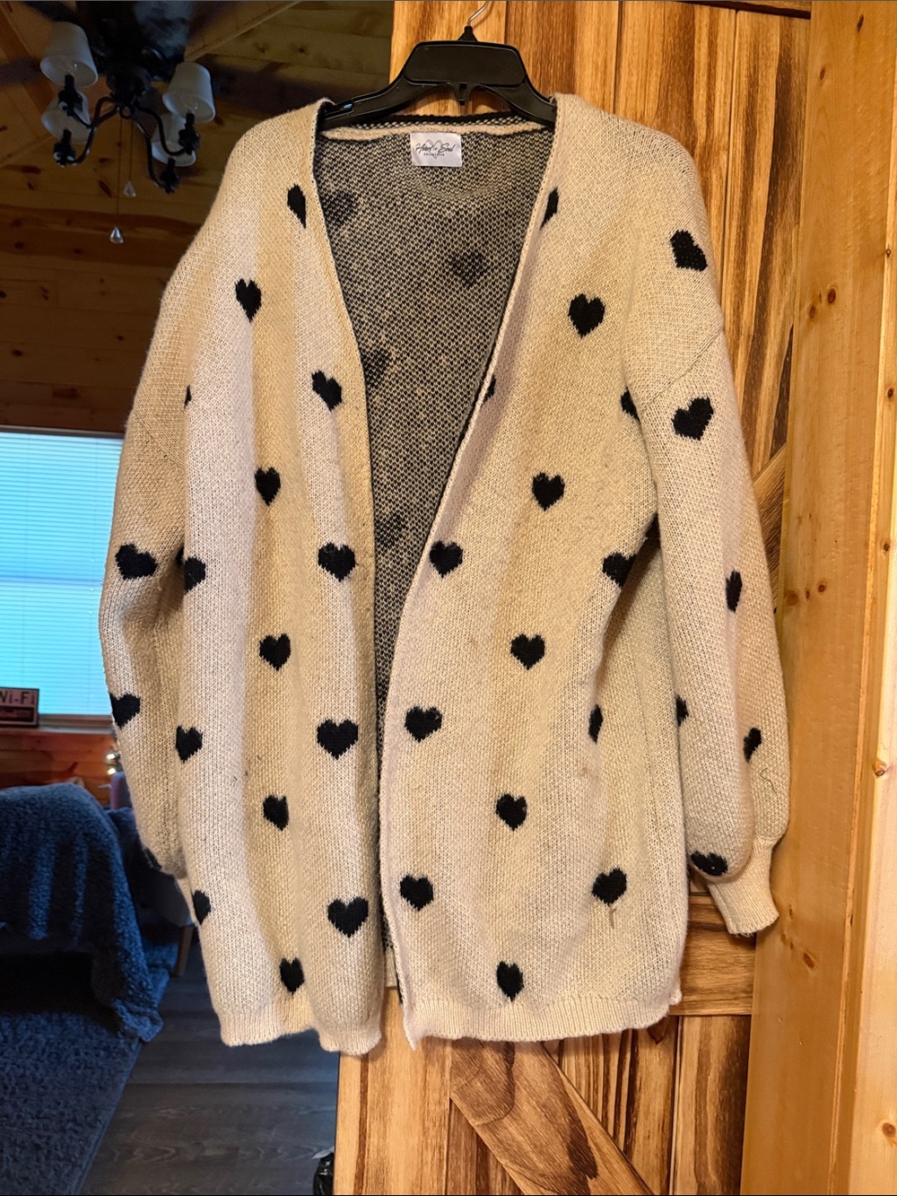 Open-Front Heart Print Cardigan Sweater - Cream & Black
